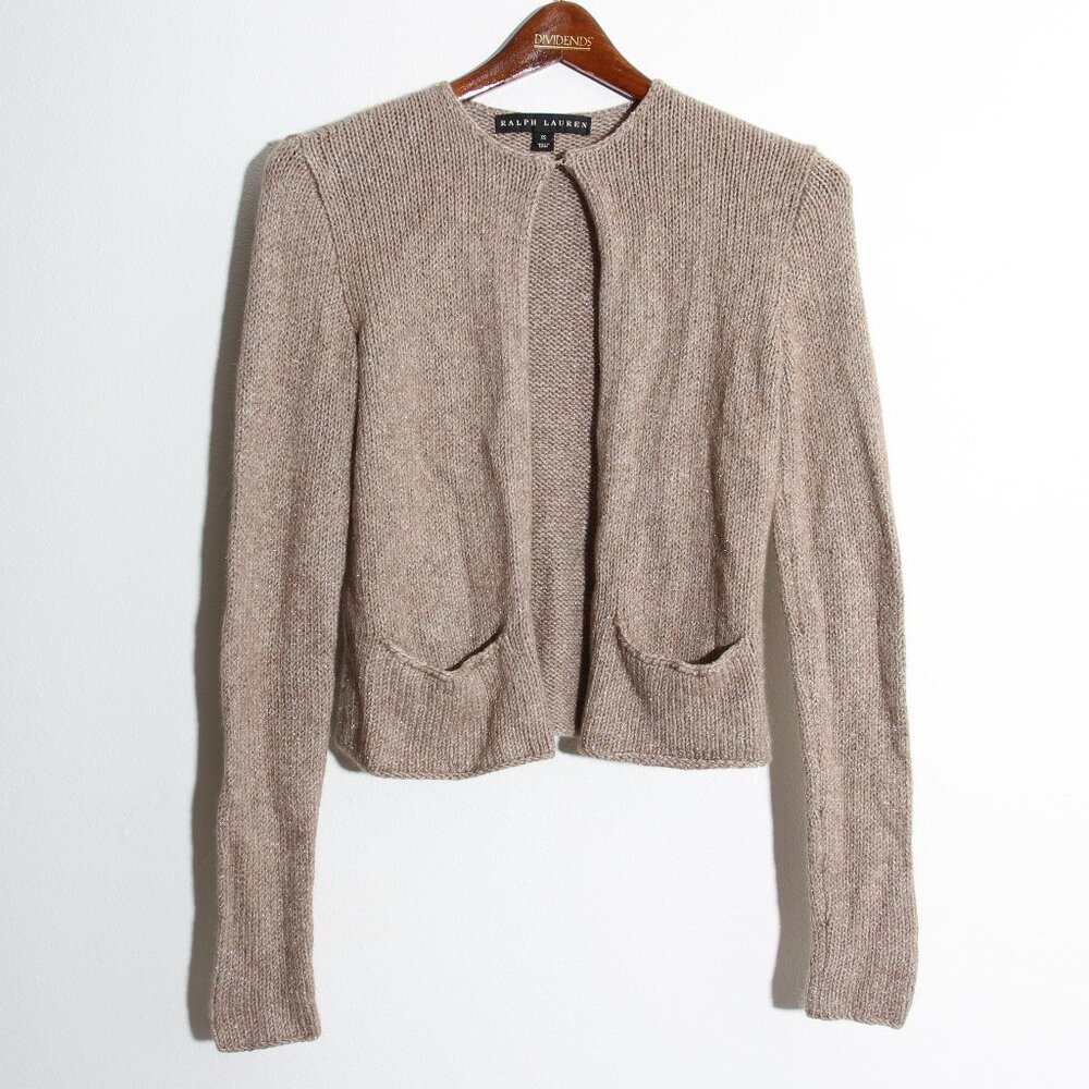 Ralph Lauren Black Label Cashmere Cardigan Sweater Metallic Tan Knit Size XS